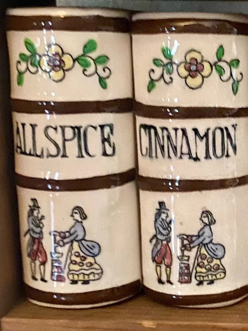 Vintage Ceramic Nutmeg & Clove Spice Jars - Floral Motif